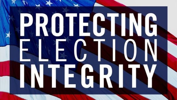American flag with text that says Protecting Election Integrity